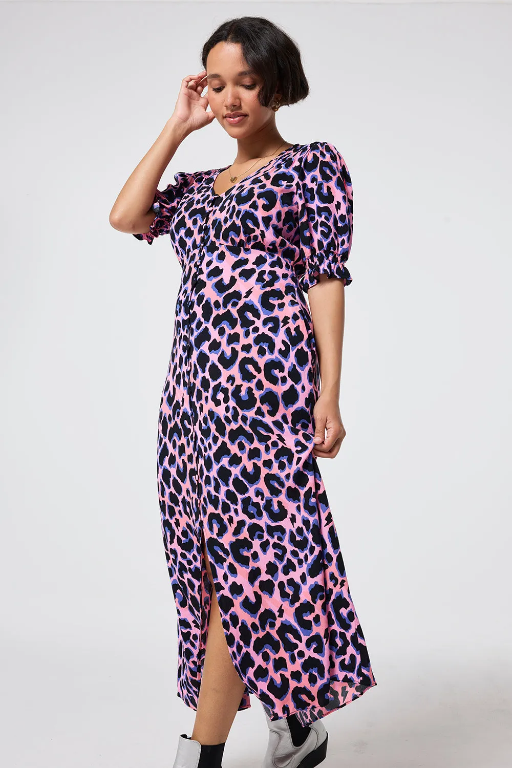 Pink with Blue and Black Shadow Leopard Flute Sleeve Midi Tea Dress