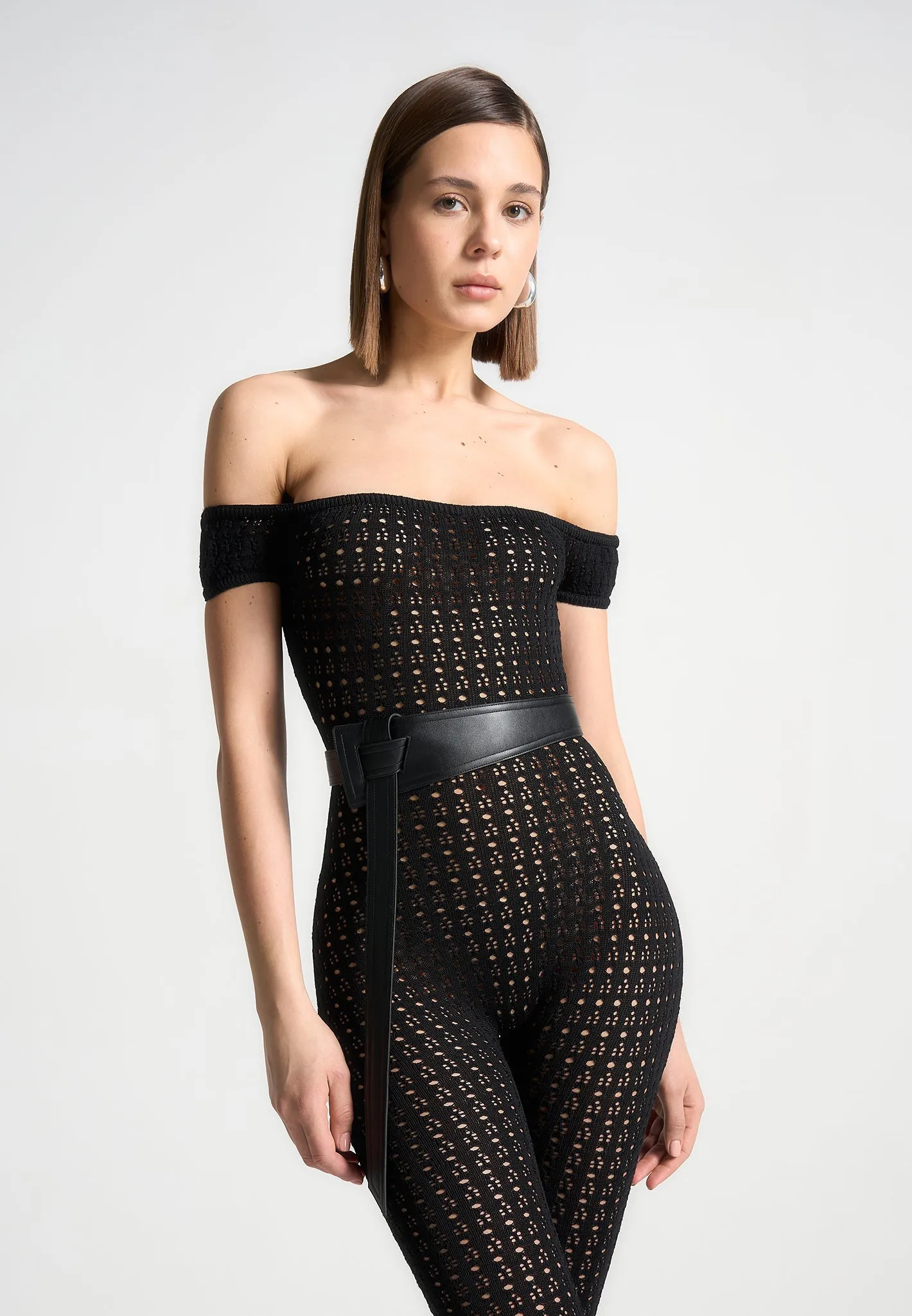 Pointelle Knit Bardot Jumpsuit with Belt - Black