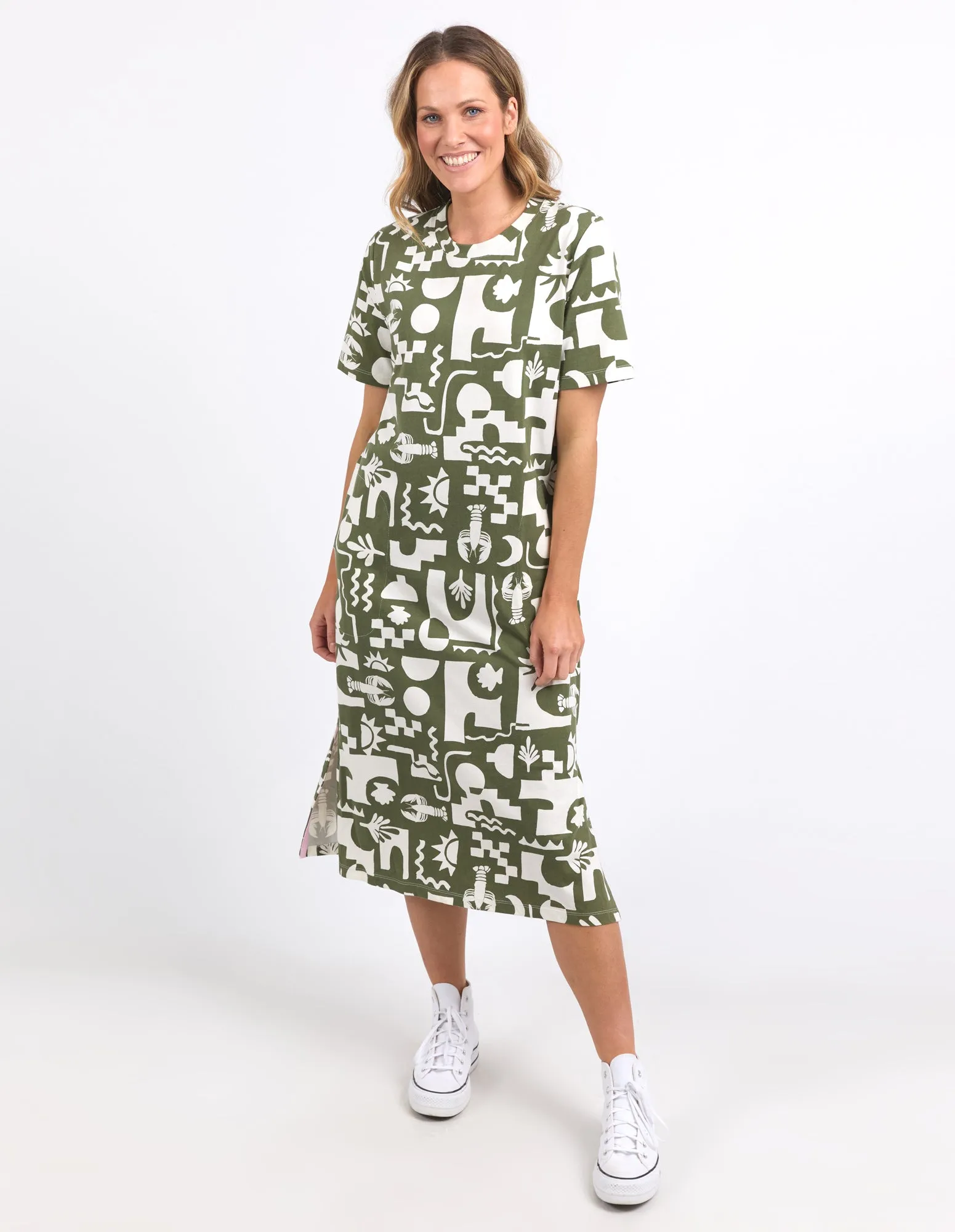 Postcard Tee Dress Khaki & Cream Print