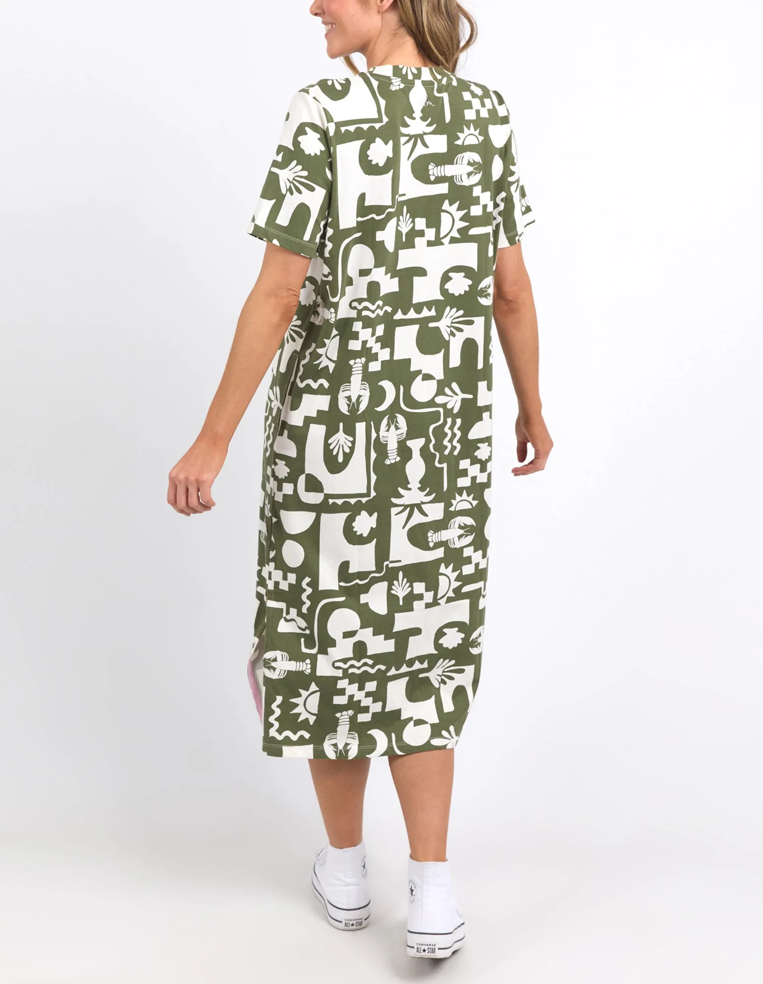 Postcard Tee Dress Khaki & Cream Print