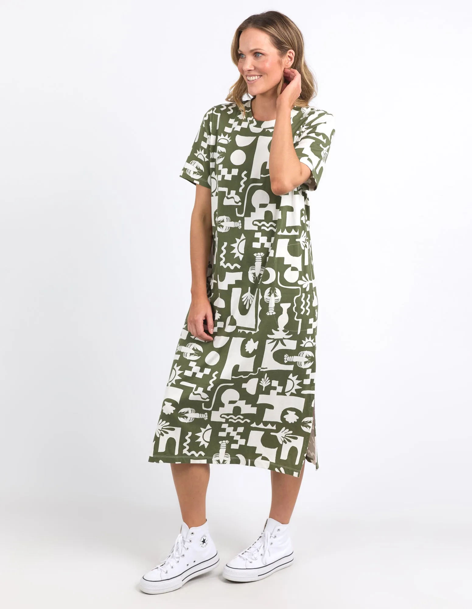 Postcard Tee Dress Khaki & Cream Print