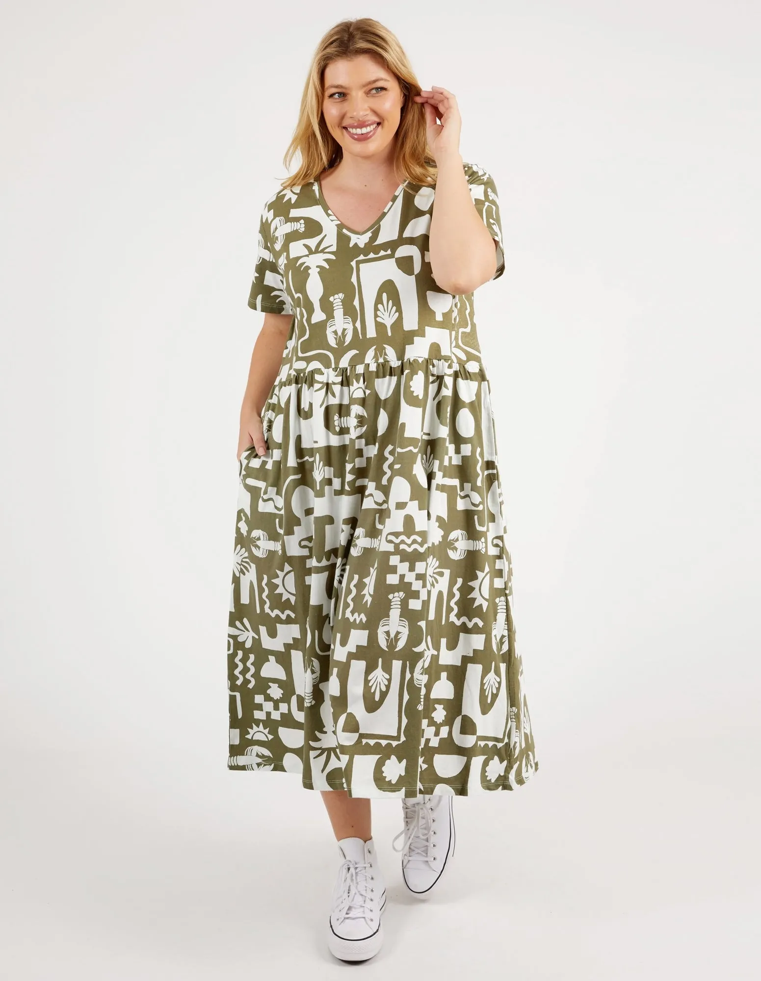 Postcard Tee Dress Khaki & Cream Print