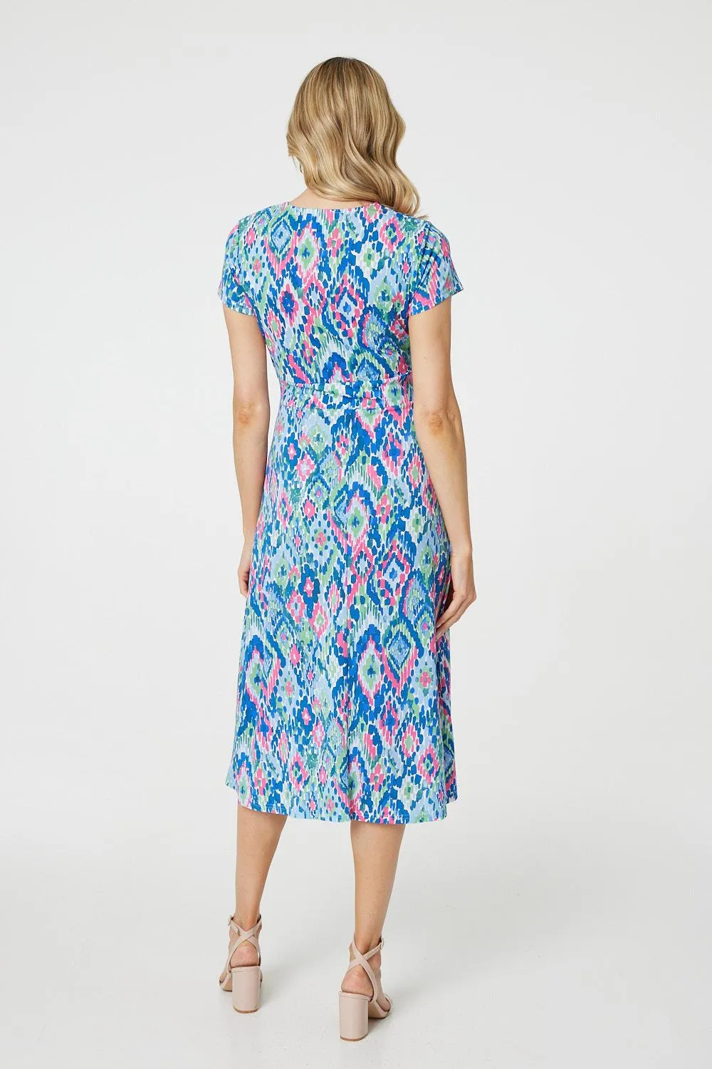 Printed Ruched Faux-Wrap Midi Dress