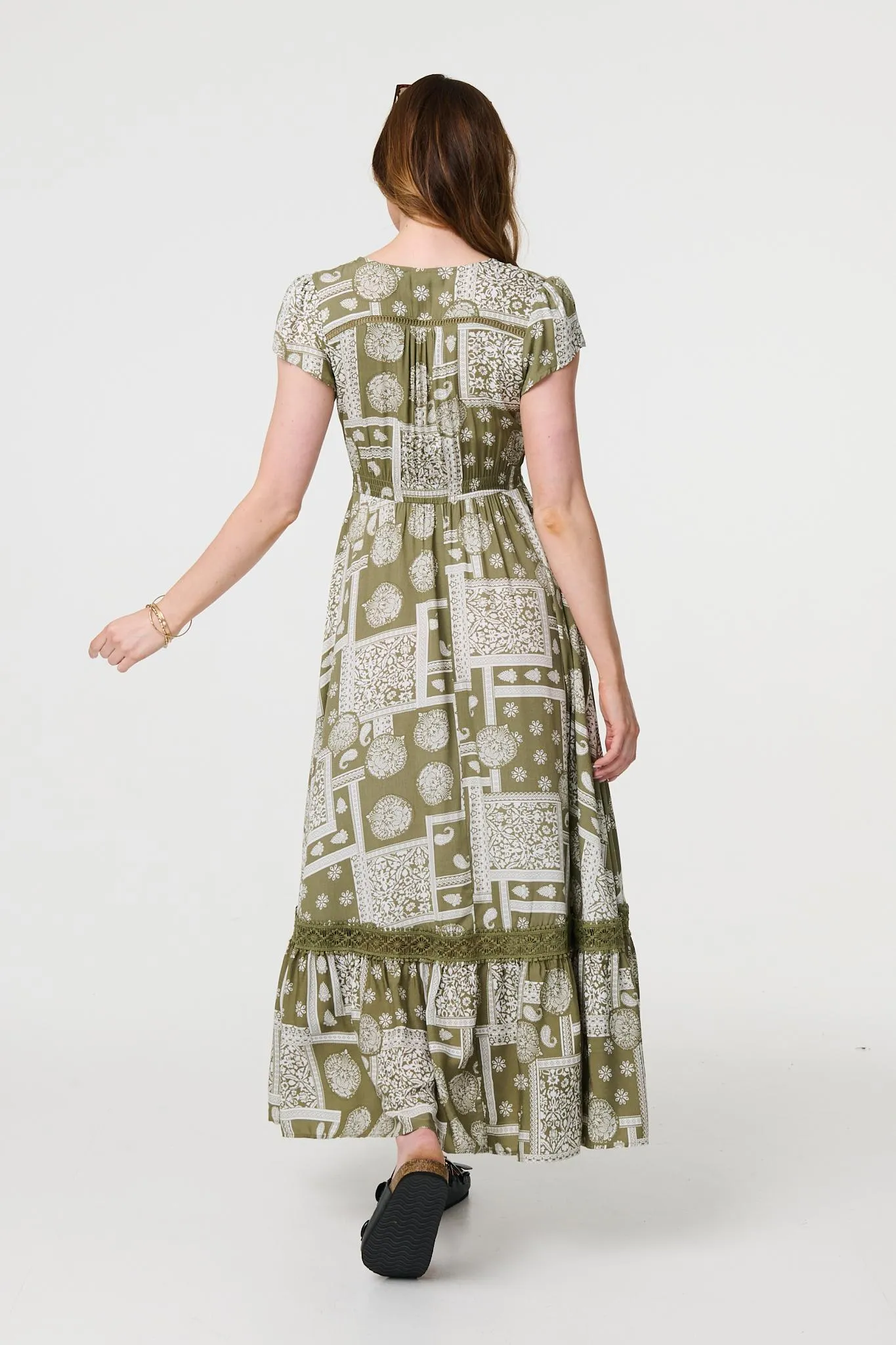 Printed V-Neck Cap Sleeve Maxi Dress