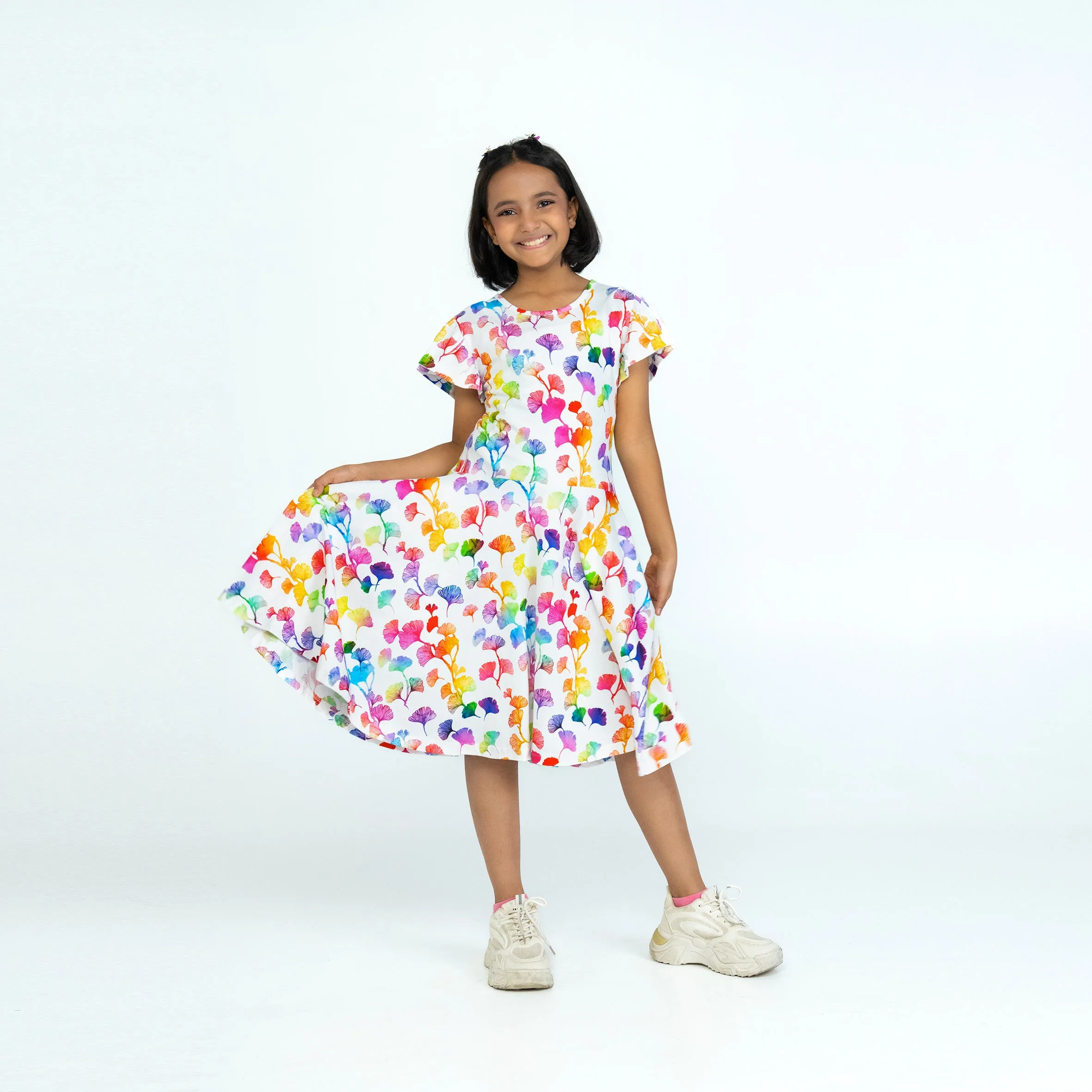 Rainbow Ginkgo Leaves Kids Twirl Dress