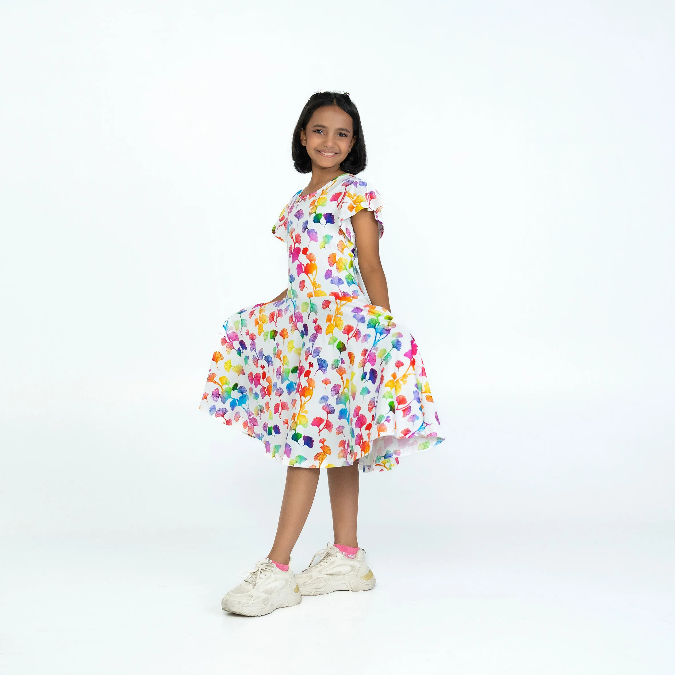 Rainbow Ginkgo Leaves Kids Twirl Dress