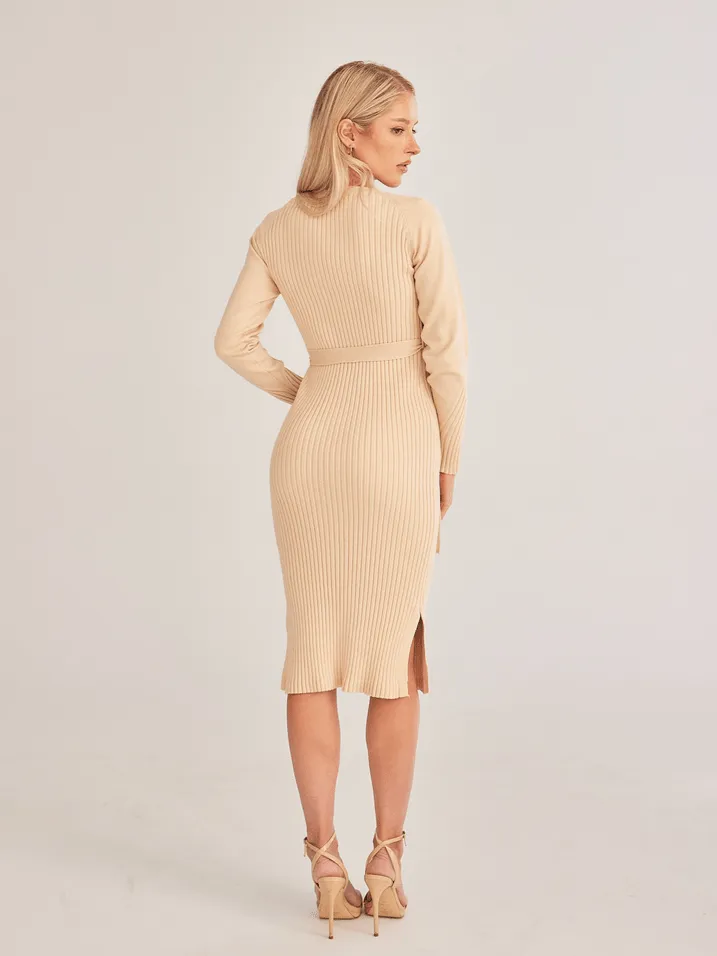 Ribbed Knit Side Slit Dress with Waist Tie