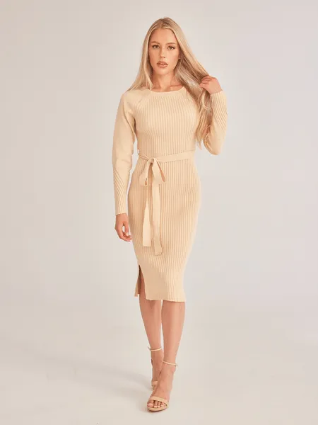 Ribbed Knit Side Slit Dress with Waist Tie