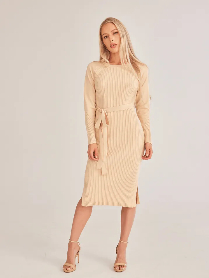 Ribbed Knit Side Slit Dress with Waist Tie