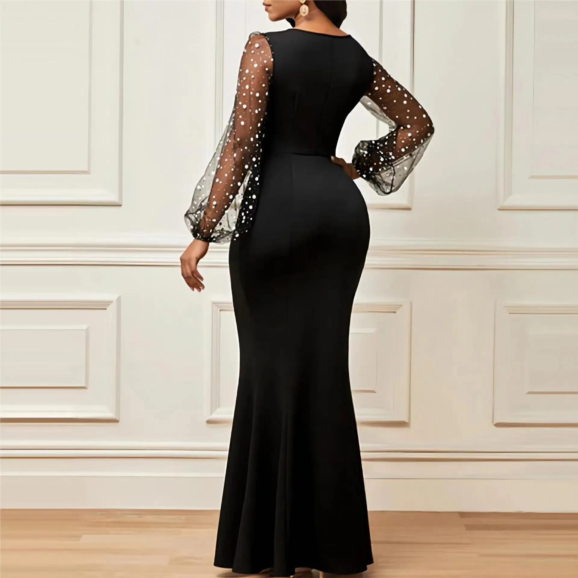 Round Neck Mesh Stitching Long Sleeve Dress