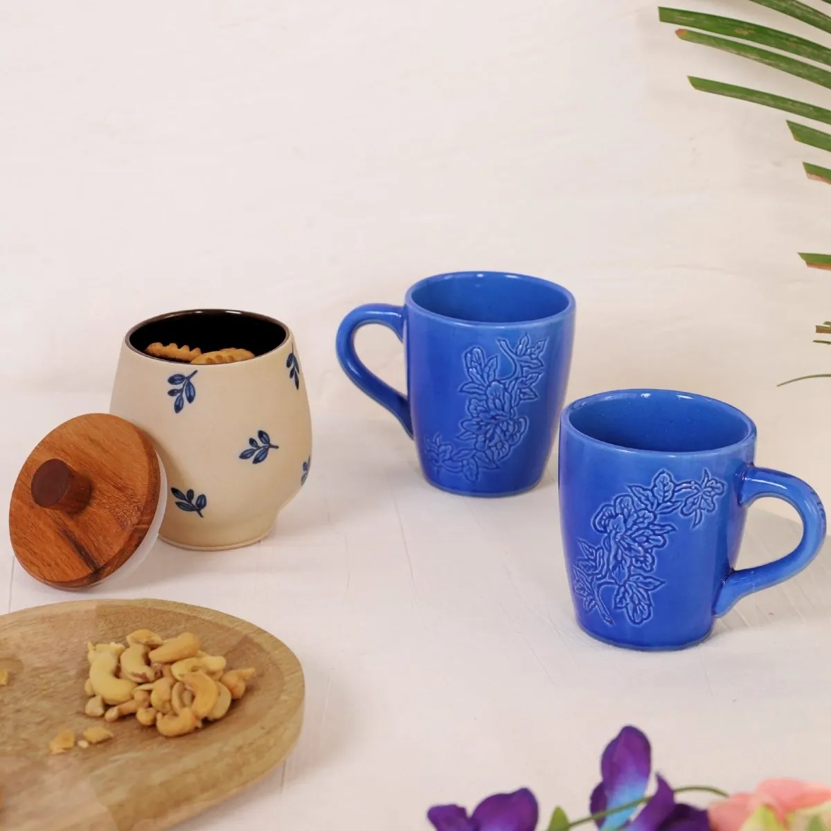 Set of Blue Ceramic Luxury Coffee & Tea Mugs (Set Of 2) and Indigo and Beige Ceramic Jar with Wooden Lid | Rakshabandhan Gift | Handmade In India