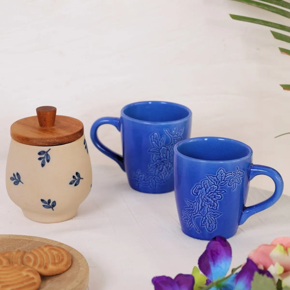 Set of Blue Ceramic Luxury Coffee & Tea Mugs (Set Of 2) and Indigo and Beige Ceramic Jar with Wooden Lid | Rakshabandhan Gift | Handmade In India