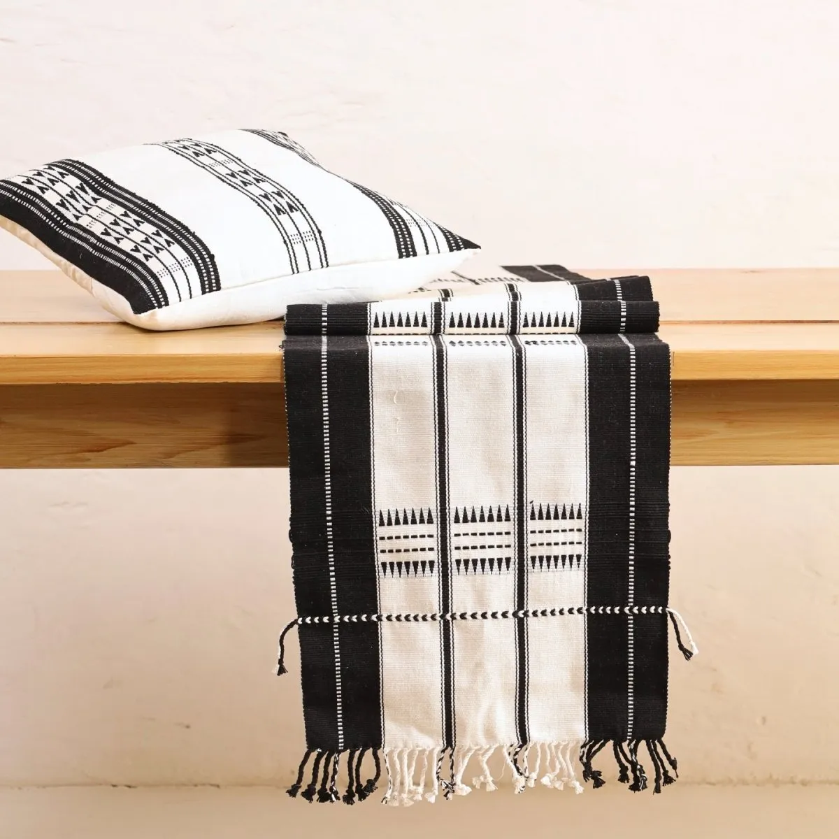 Set of Striped Monochrome Handwoven Cushion Cover and Monochrome Handwoven Striped Table Runner | Rakshabandhan Gift | Handmade in India