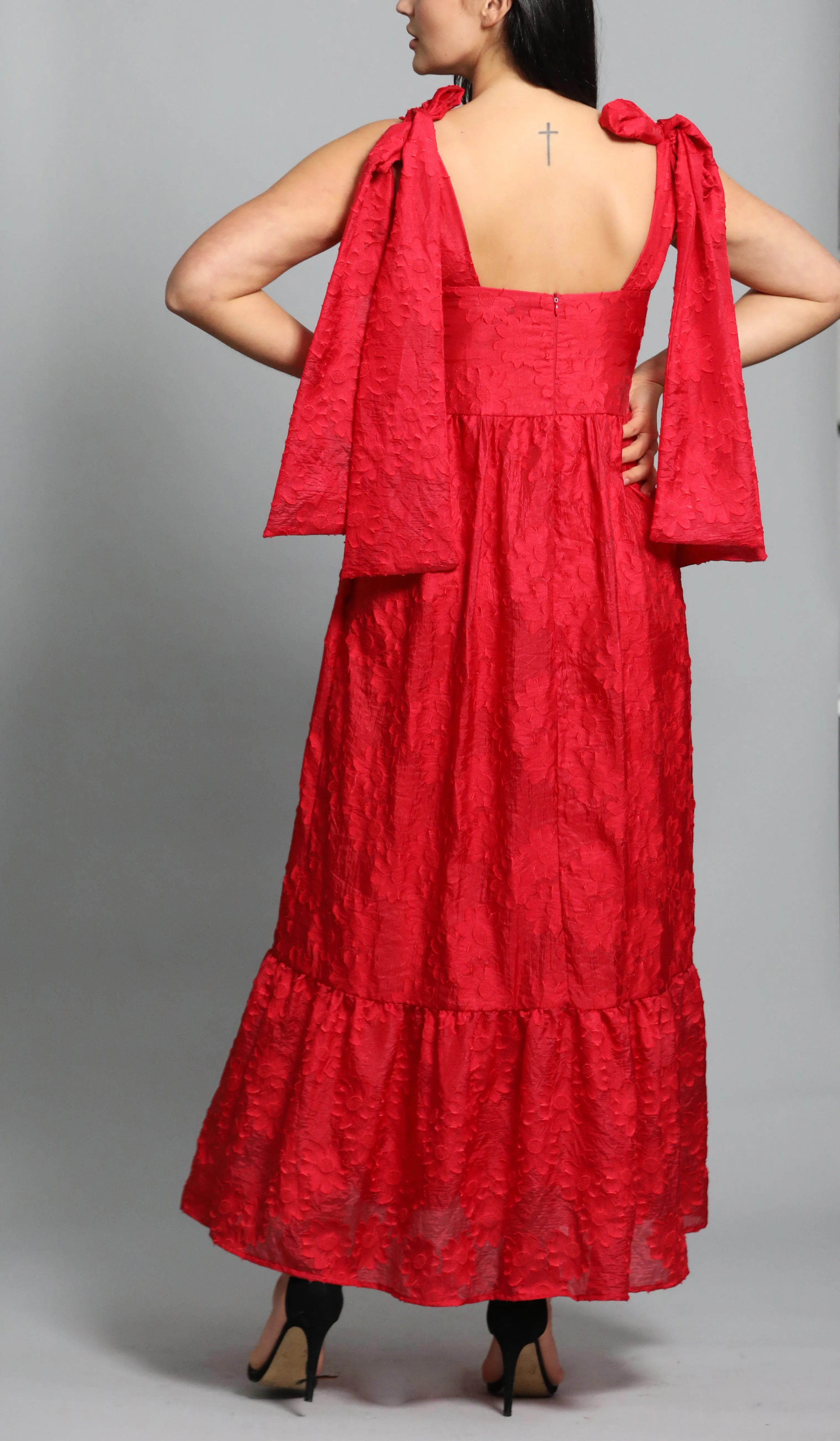 Sister Jane Tiered Maxi Dress In Red Jacquard With Bow Straps