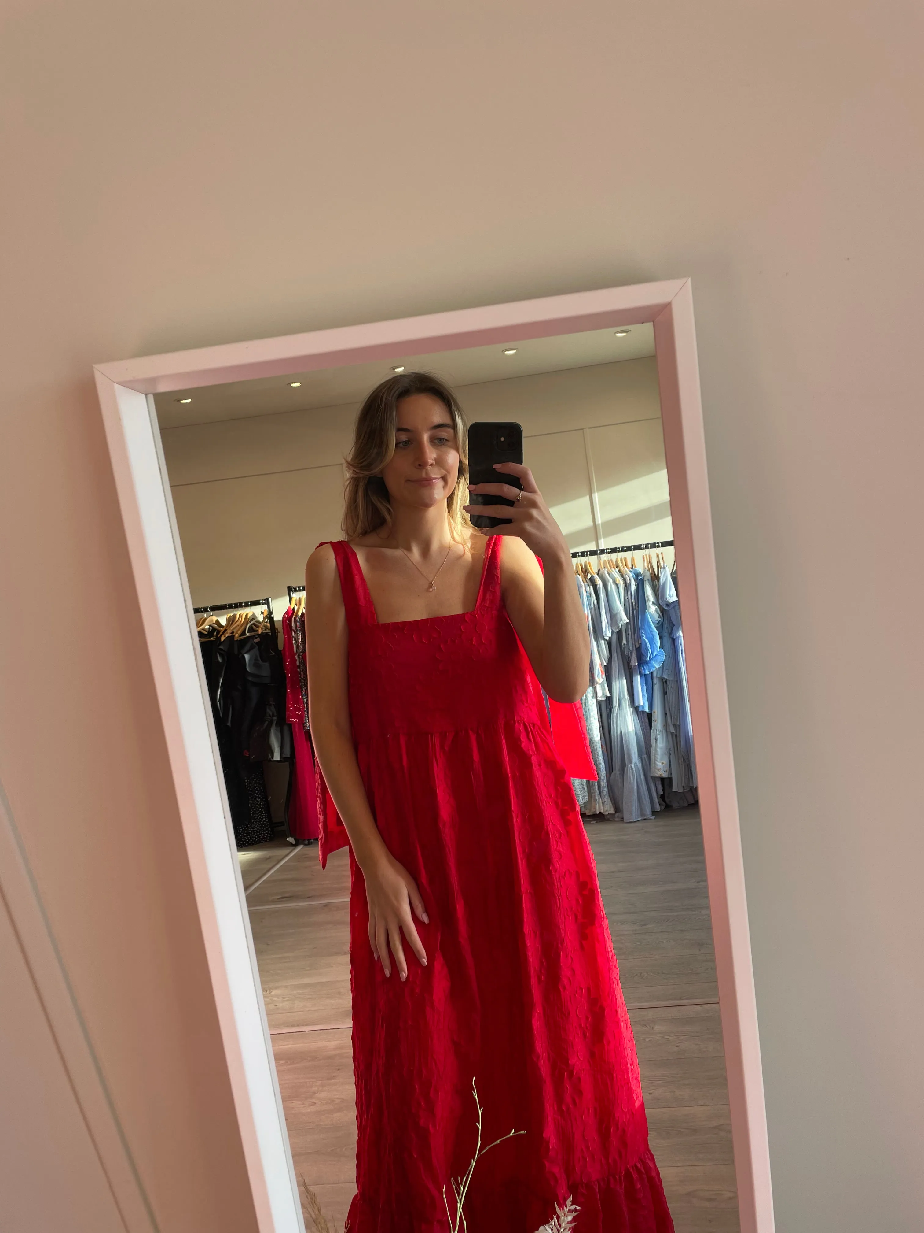 Sister Jane Tiered Maxi Dress In Red Jacquard With Bow Straps