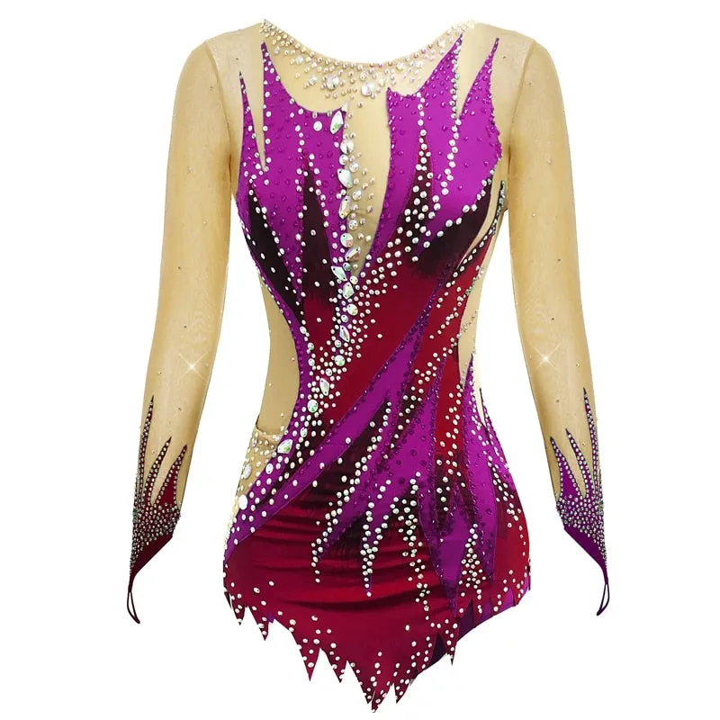 SK557 Adult-Childs Artistic- Rhythmic Gymnastics Leotards - Jeweled- Long Sleeve Figure Skating Dress