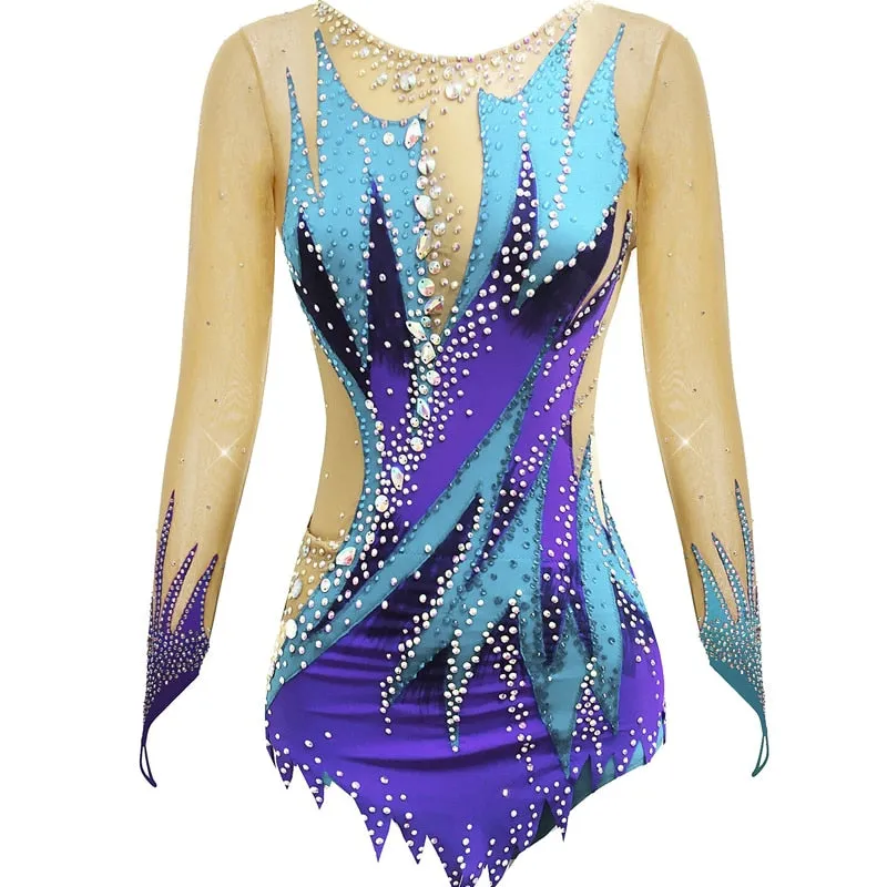 SK557 Adult-Childs Artistic- Rhythmic Gymnastics Leotards - Jeweled- Long Sleeve Figure Skating Dress