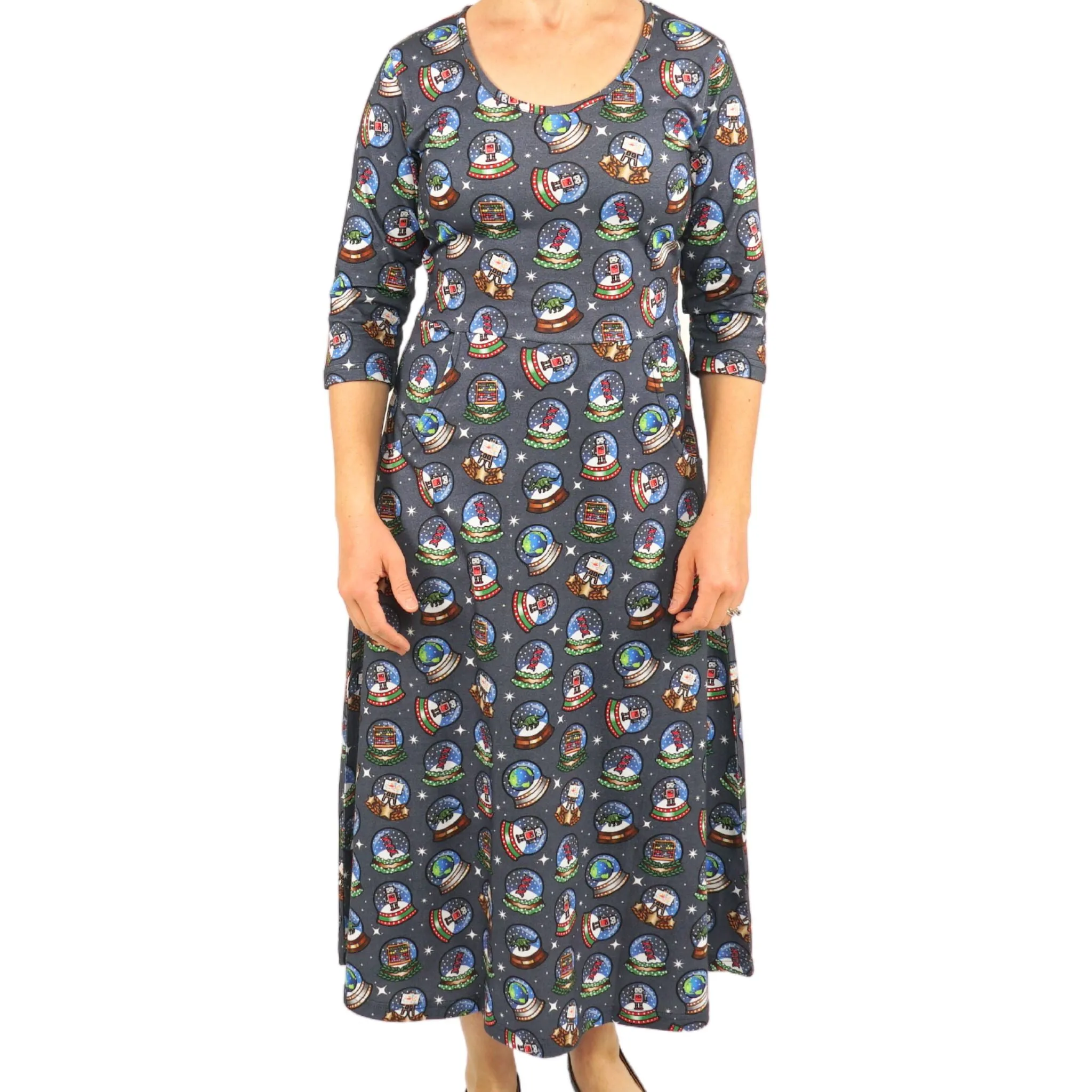 Snow Globes 3/4th Sleeves Midi Dress (With Waist Seam)