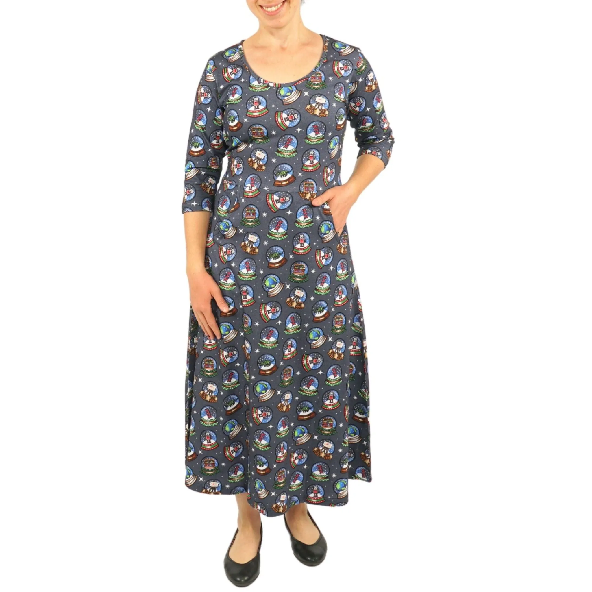 Snow Globes 3/4th Sleeves Midi Dress (With Waist Seam)