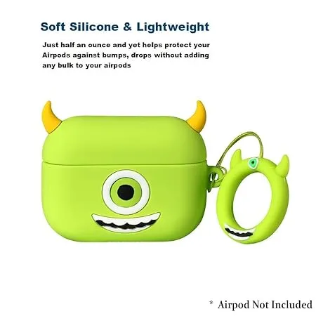 Soft Silicone Protective Case Skin 3D Cute Cartoon Green Monster Design Shockproof Case Cover with Anti-Lost Keyring Compatible for Apple AirPods Pro