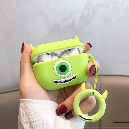 Soft Silicone Protective Case Skin 3D Cute Cartoon Green Monster Design Shockproof Case Cover with Anti-Lost Keyring Compatible for Apple AirPods Pro