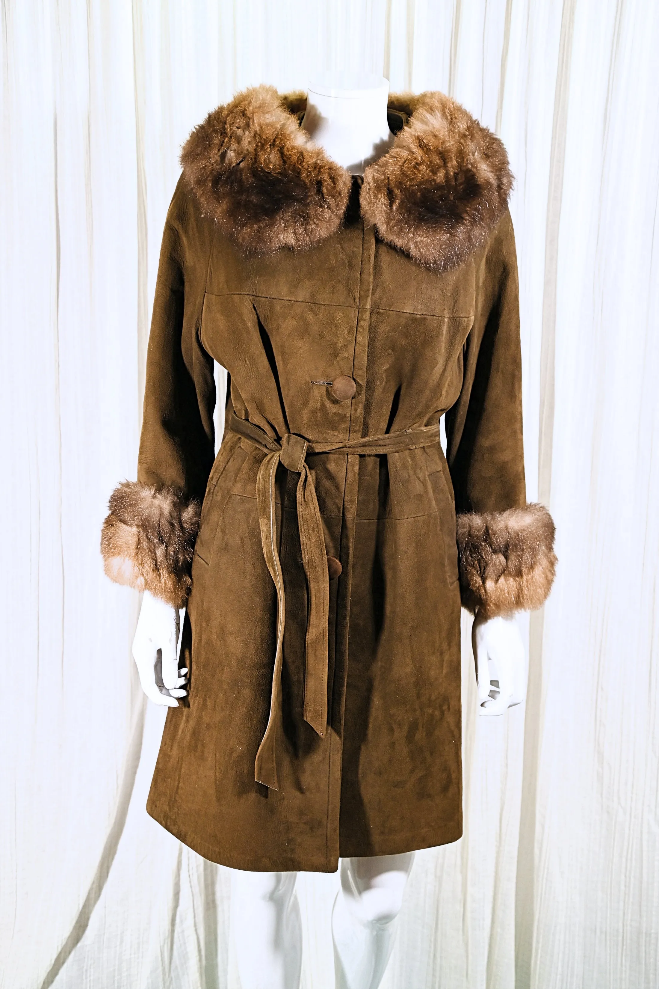 SOLD Vintage 60s Brown Suede Coat Fur Collar & Cuffs, Belted 60s Coat M/L