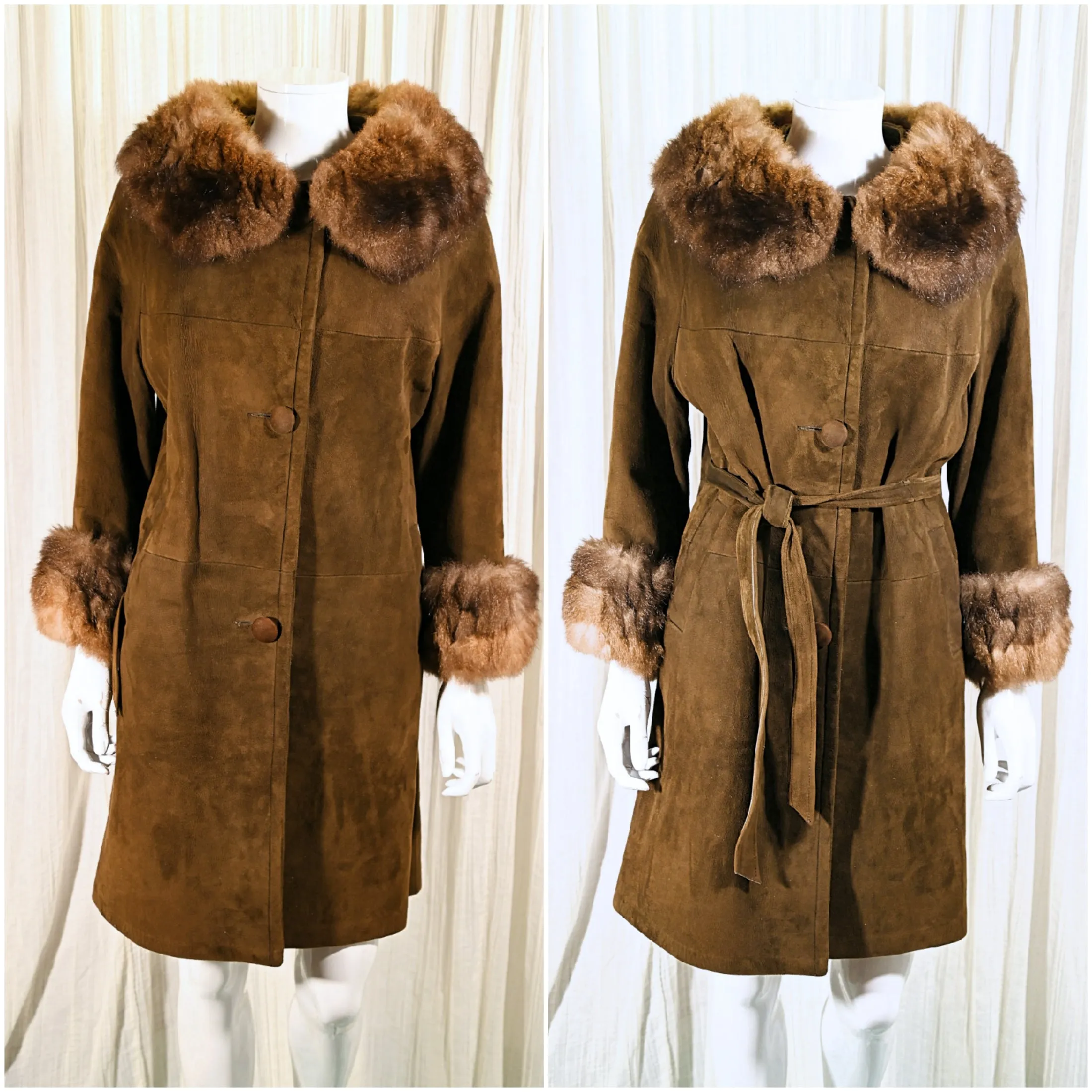 SOLD Vintage 60s Brown Suede Coat Fur Collar & Cuffs, Belted 60s Coat M/L