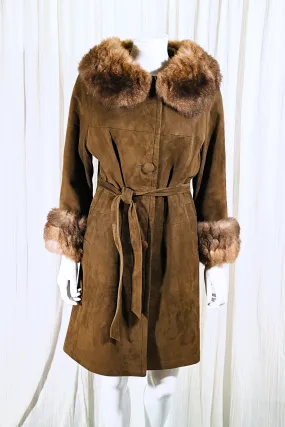 SOLD Vintage 60s Brown Suede Coat Fur Collar & Cuffs, Belted 60s Coat M/L