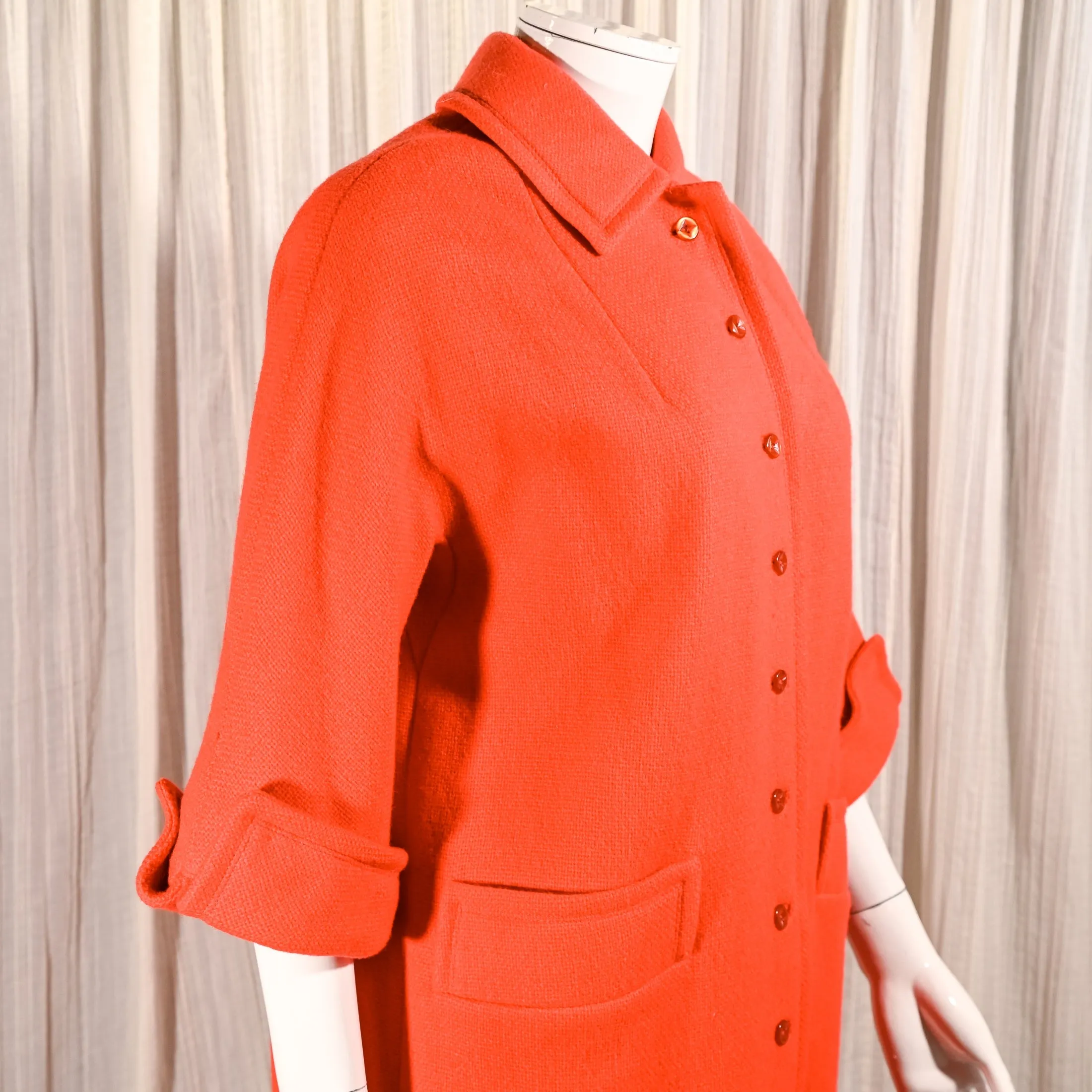 SOLD Vintage 60s Red/Orange Wool Coat, Bracelet Length Cuffed Sleeves M/L