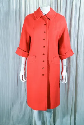 SOLD Vintage 60s Red/Orange Wool Coat, Bracelet Length Cuffed Sleeves M/L