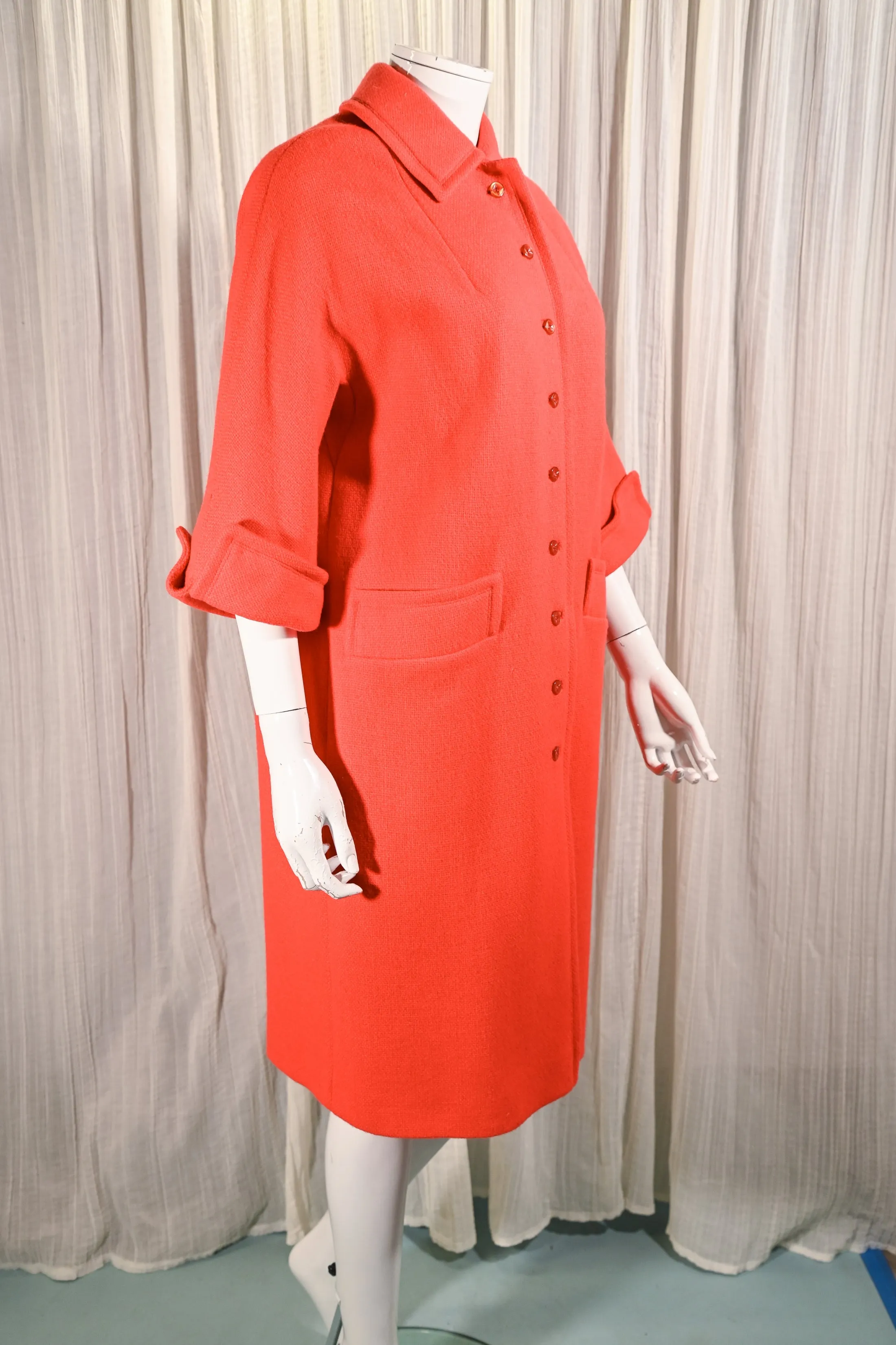 SOLD Vintage 60s Red/Orange Wool Coat, Bracelet Length Cuffed Sleeves M/L