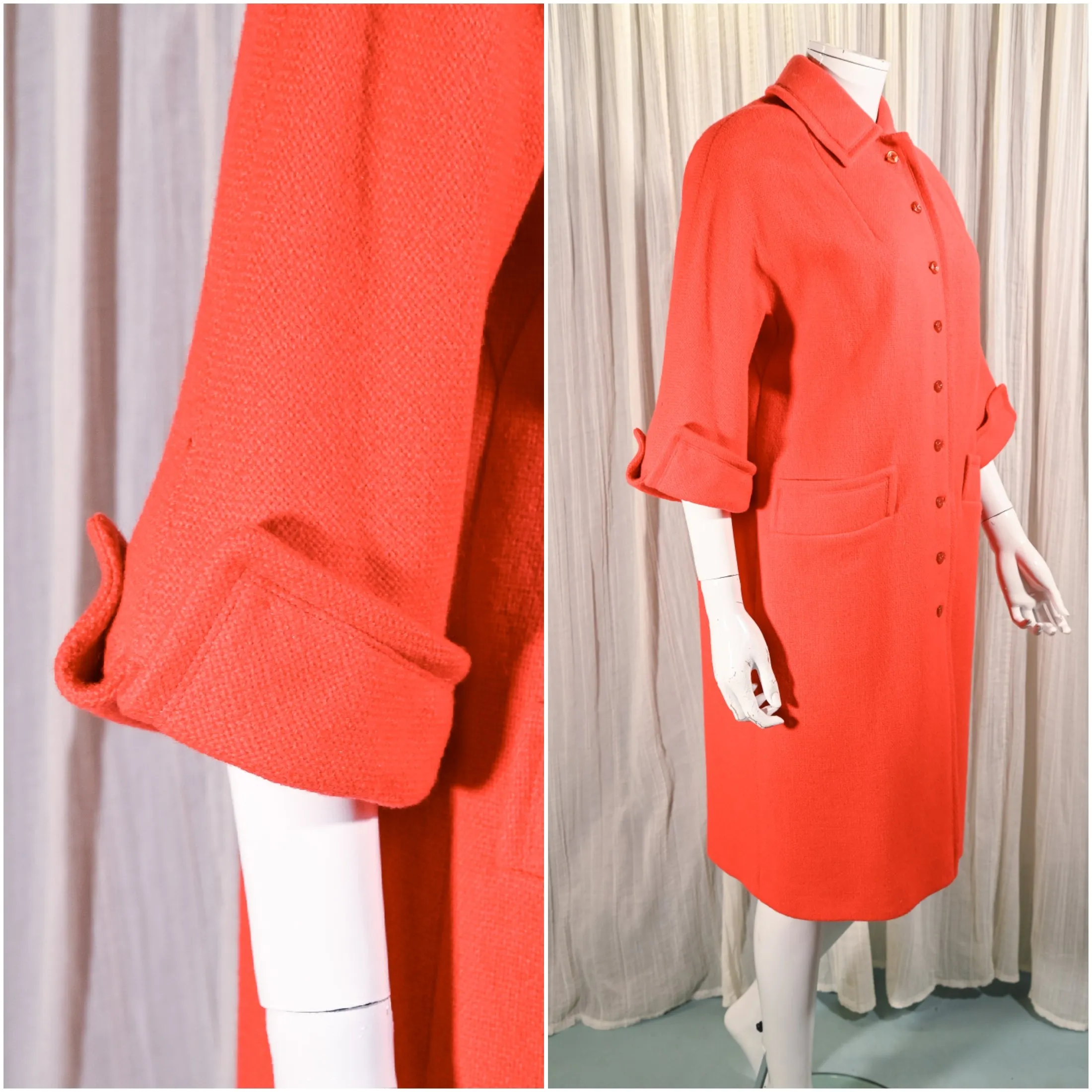 SOLD Vintage 60s Red/Orange Wool Coat, Bracelet Length Cuffed Sleeves M/L