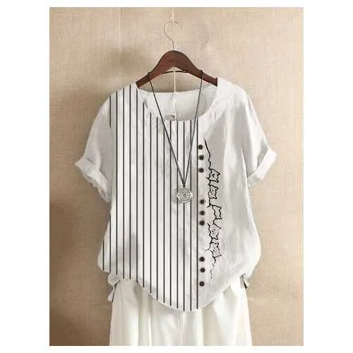 Striped Cartoon Printed O-Neck T-shirt