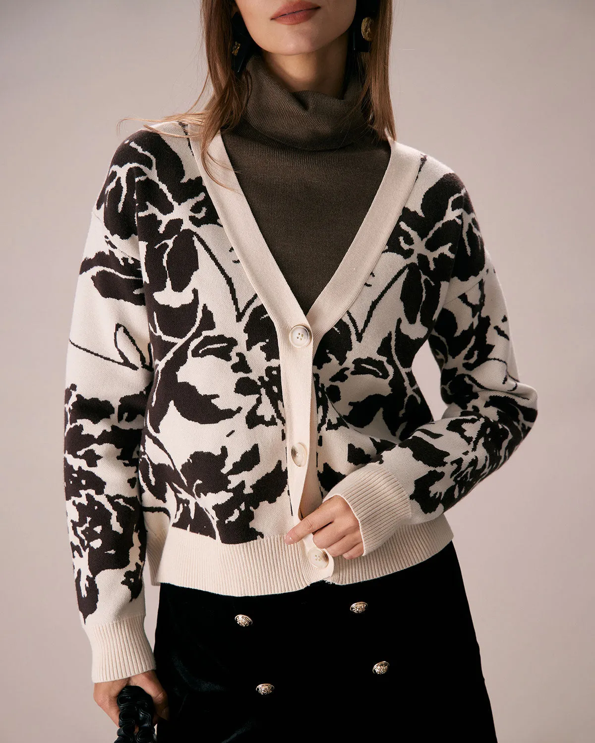 The Dark Coffee Abstract Print Button Cardigan