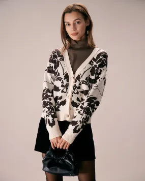 The Dark Coffee Abstract Print Button Cardigan