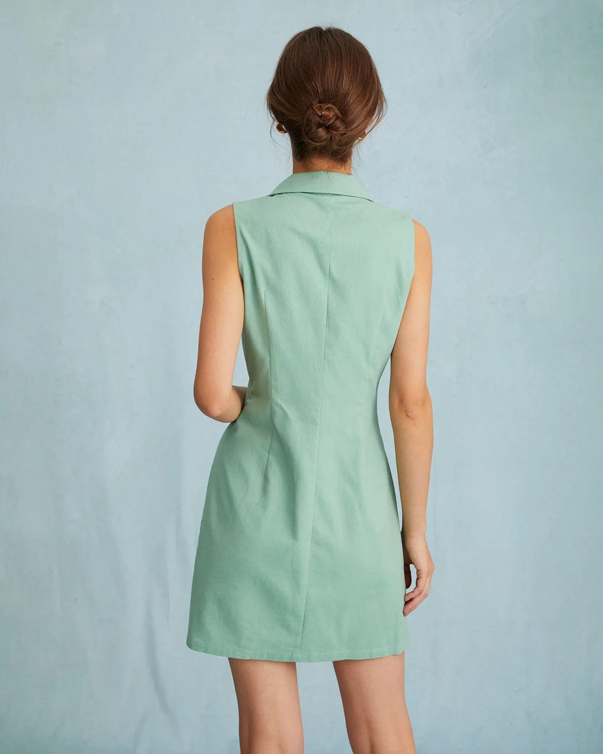 The Green Lapel Button-up Sleeveless Mini Dress