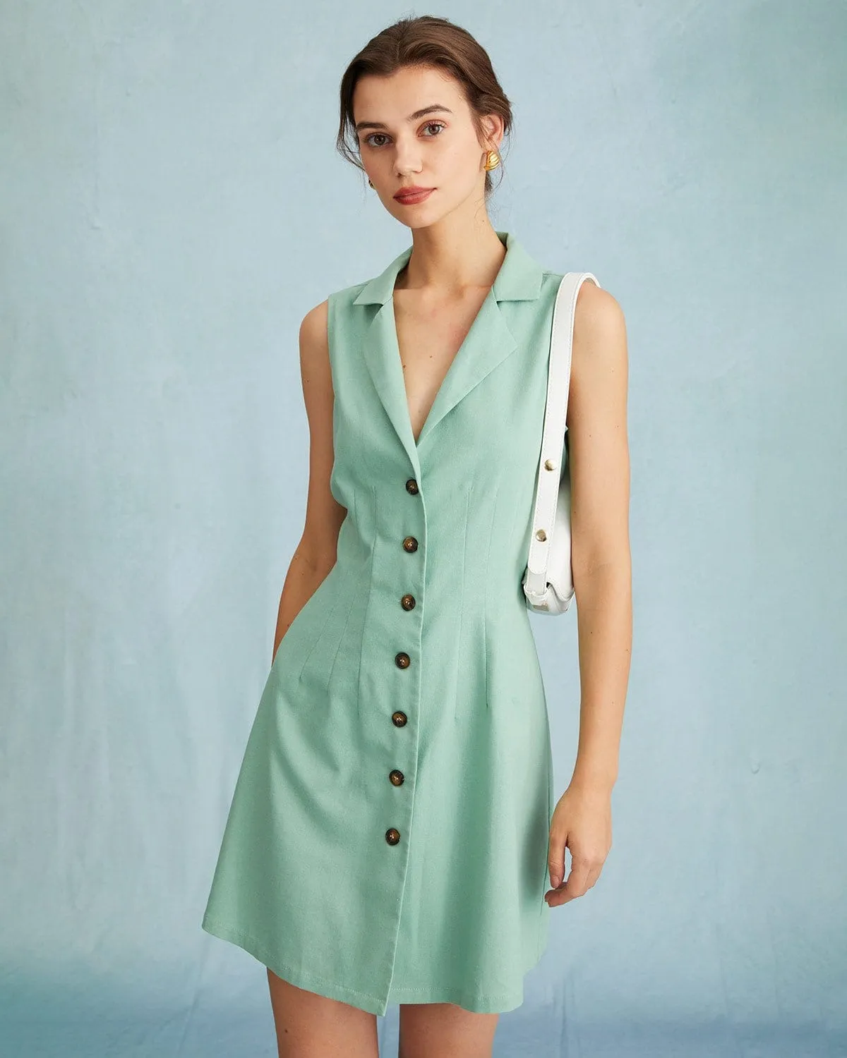 The Green Lapel Button-up Sleeveless Mini Dress