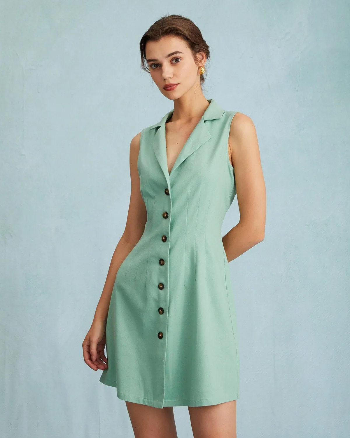 The Green Lapel Button-up Sleeveless Mini Dress