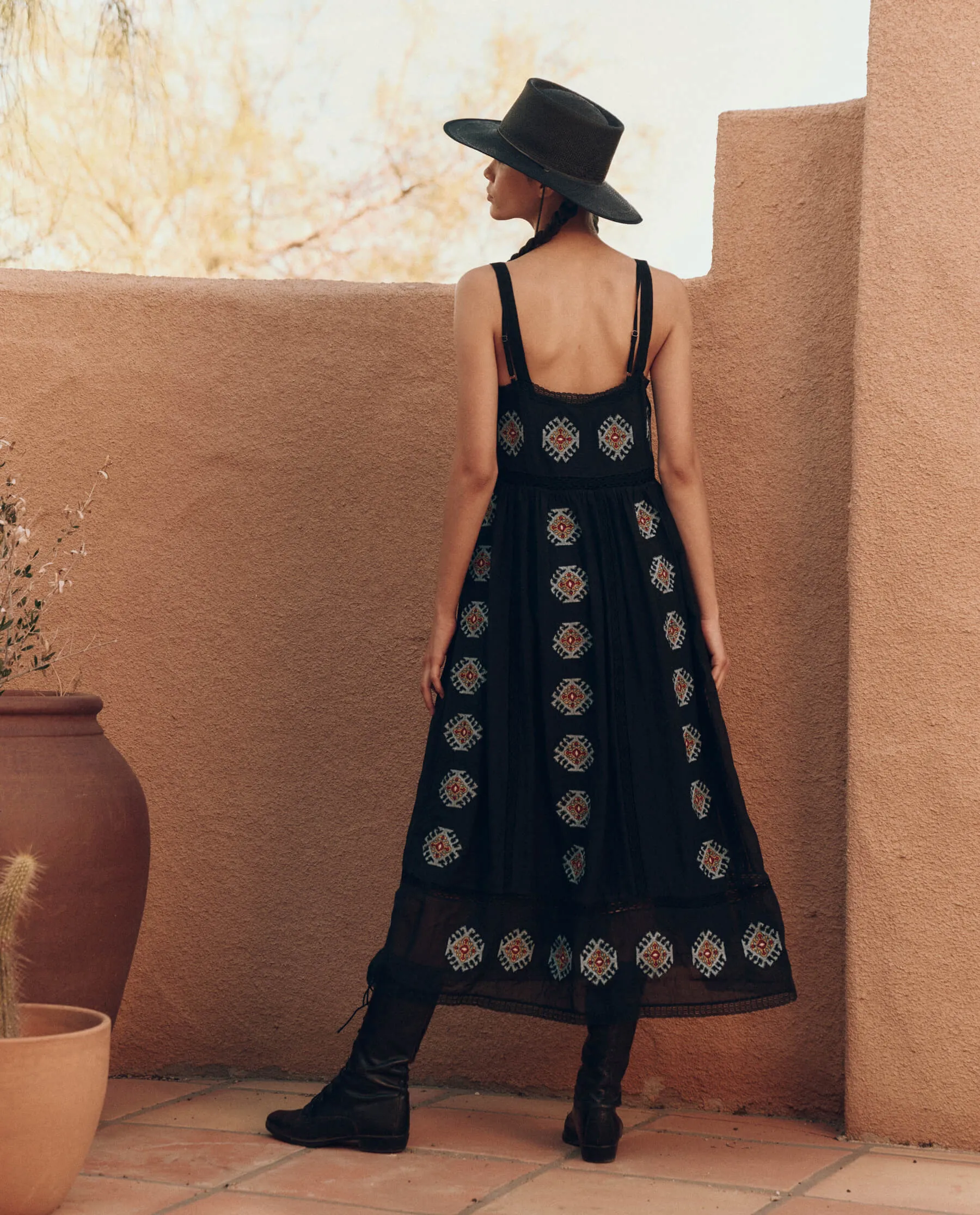 The Roam Dress with Folklore Embroidery. -- Black