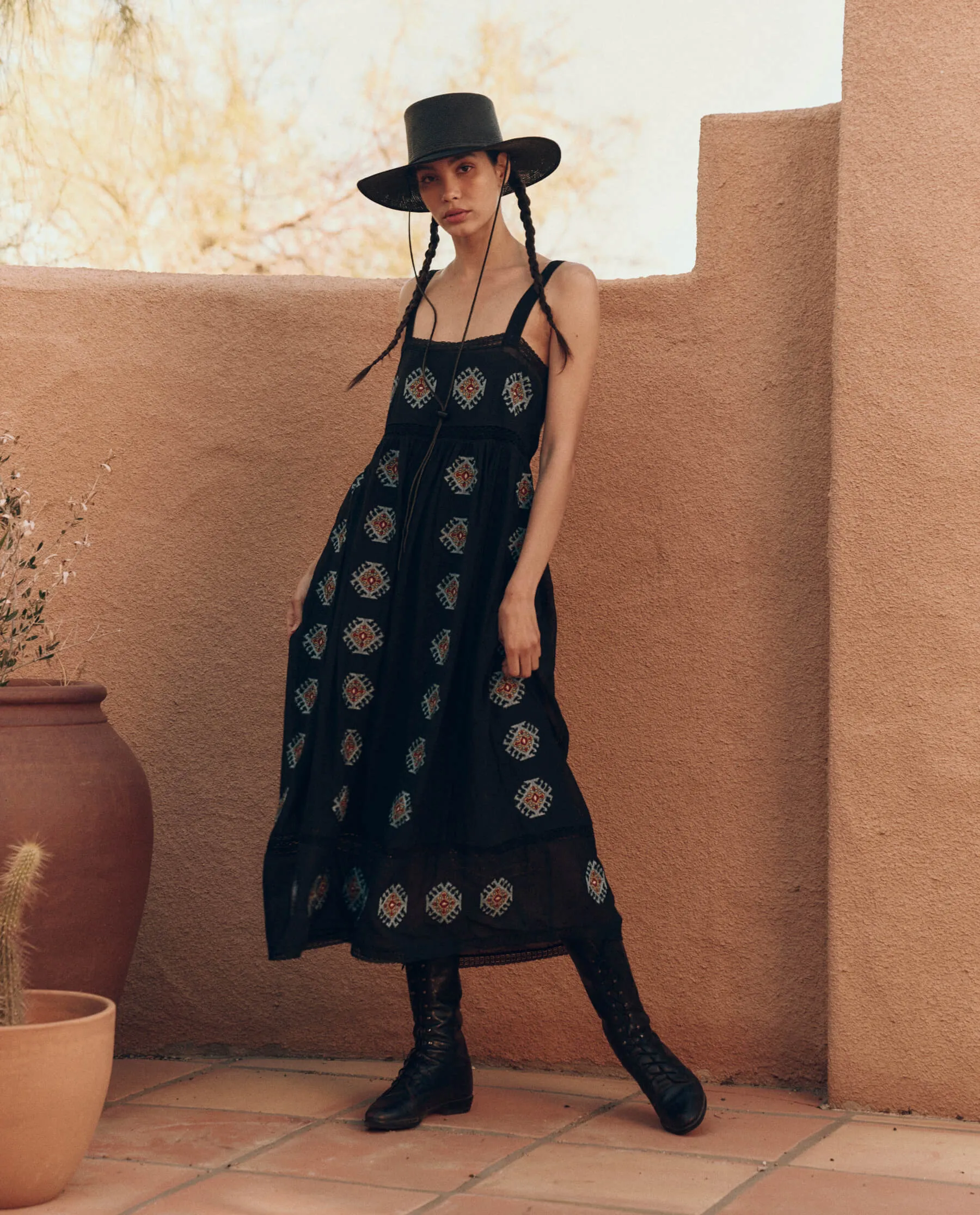 The Roam Dress with Folklore Embroidery. -- Black