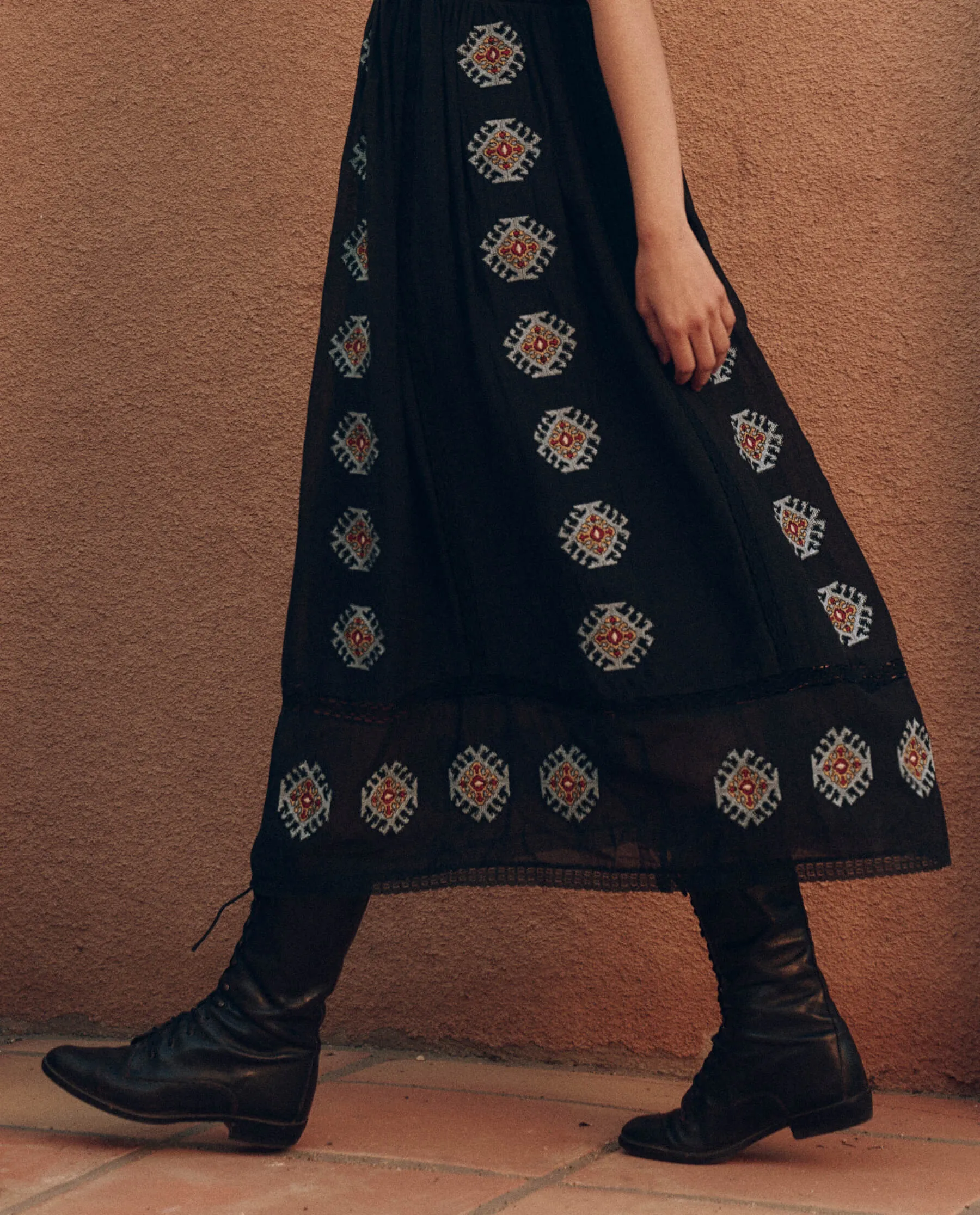 The Roam Dress with Folklore Embroidery. -- Black