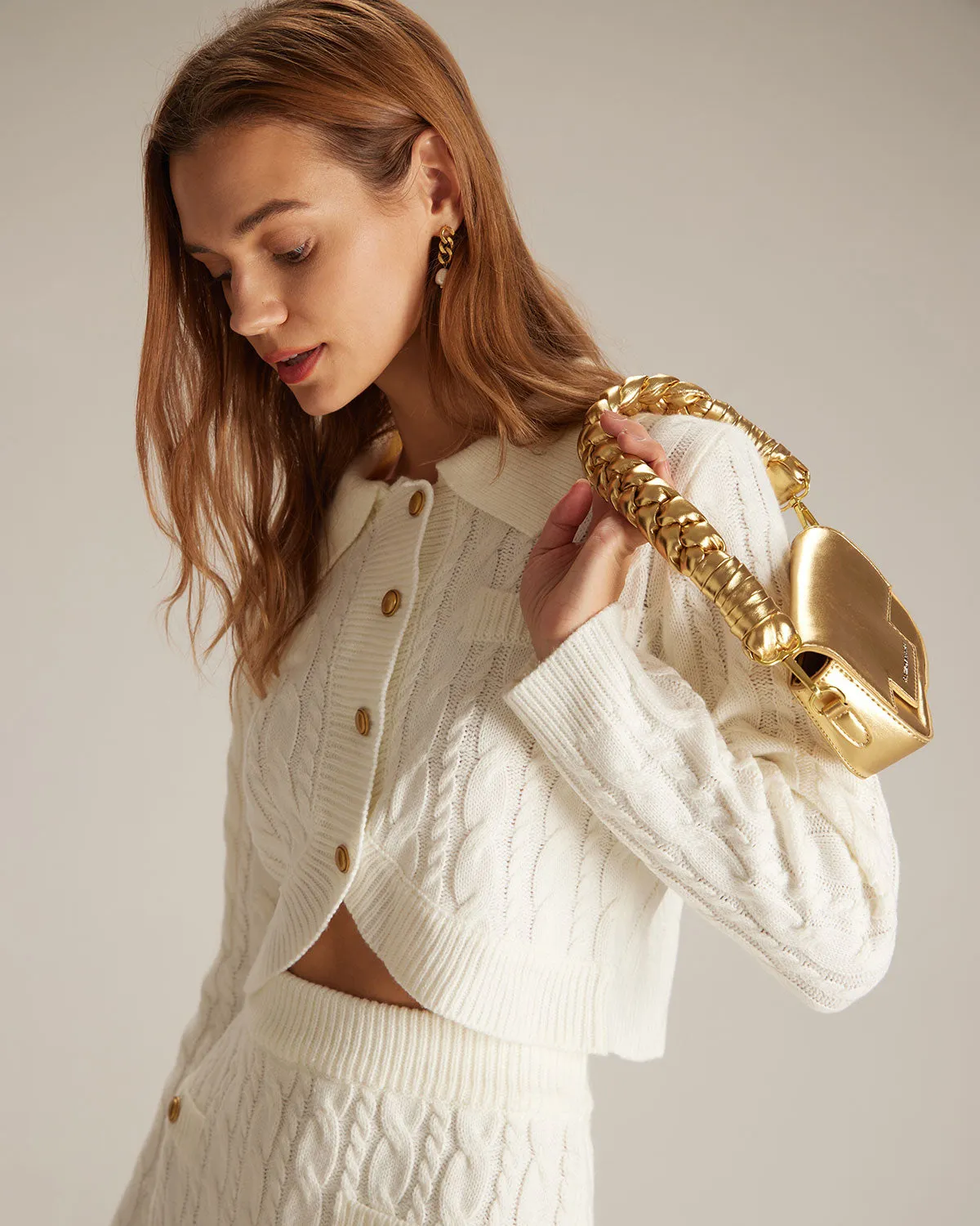 The White Lapel Ribbed Button Cable Cardigan