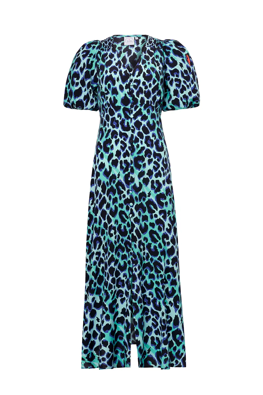 Turquoise with Black and Blue Shadow Leopard Puff Sleeve Midi Tea Dress