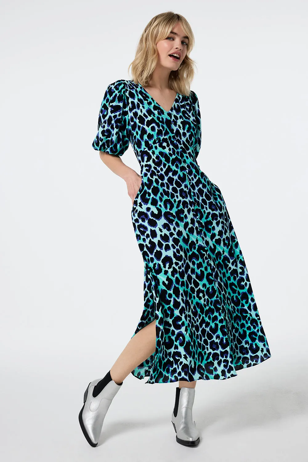 Turquoise with Black and Blue Shadow Leopard Puff Sleeve Midi Tea Dress