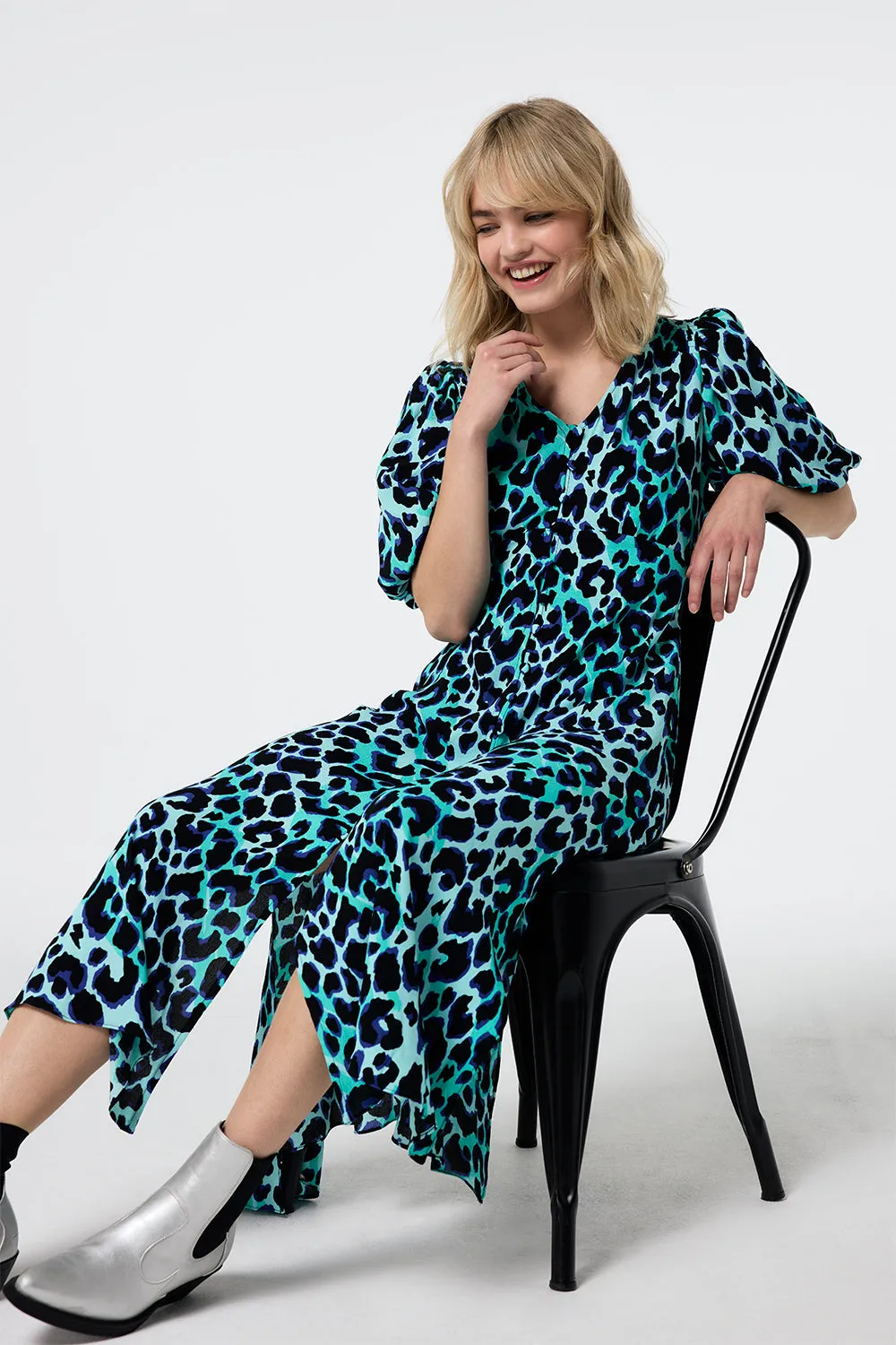 Turquoise with Black and Blue Shadow Leopard Puff Sleeve Midi Tea Dress