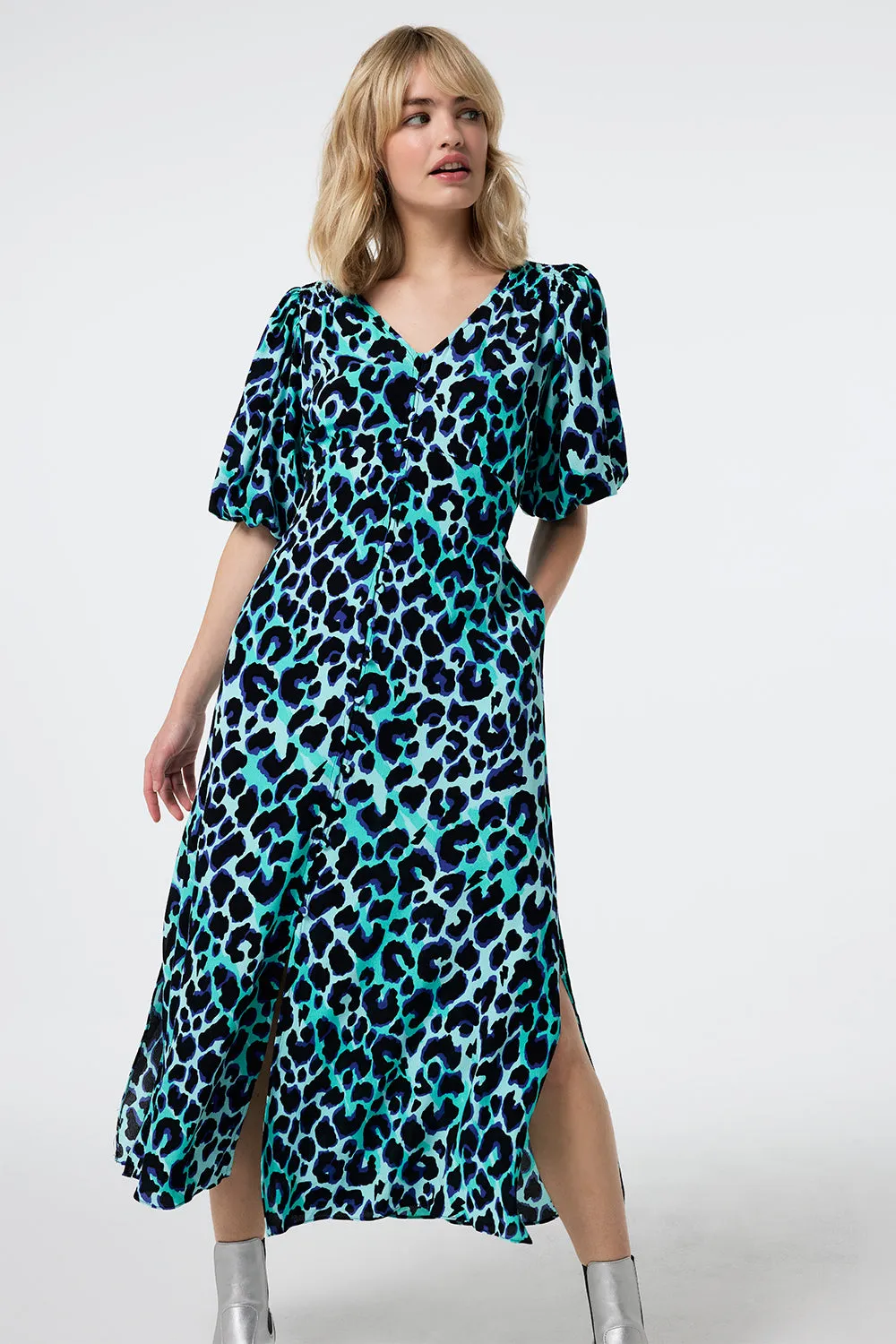 Turquoise with Black and Blue Shadow Leopard Puff Sleeve Midi Tea Dress