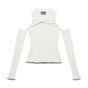 Twist Knit Top w/ Glove Sleeves - White