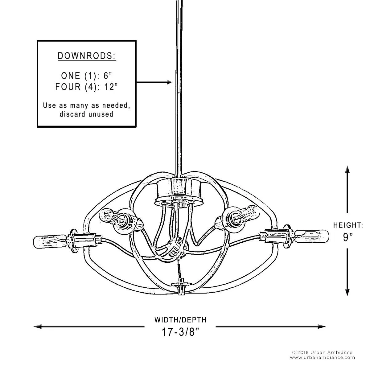 UHP2361 Luxe Industrial Chandelier, 9"H x 17-3/8"W, Brushed Nickel Finish, Le Mans Collection