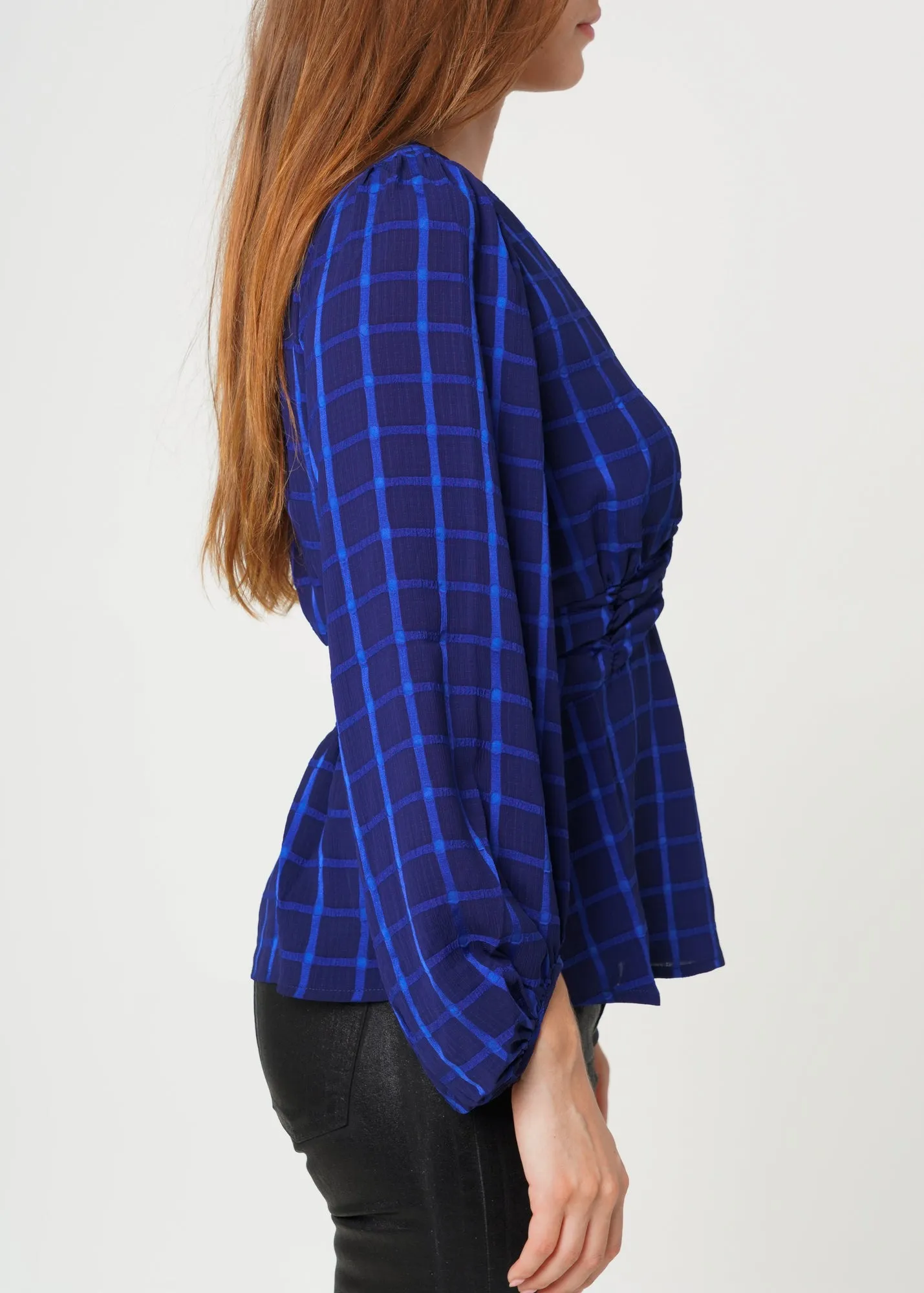 V-neck Checkered Blouse in Night Plaid