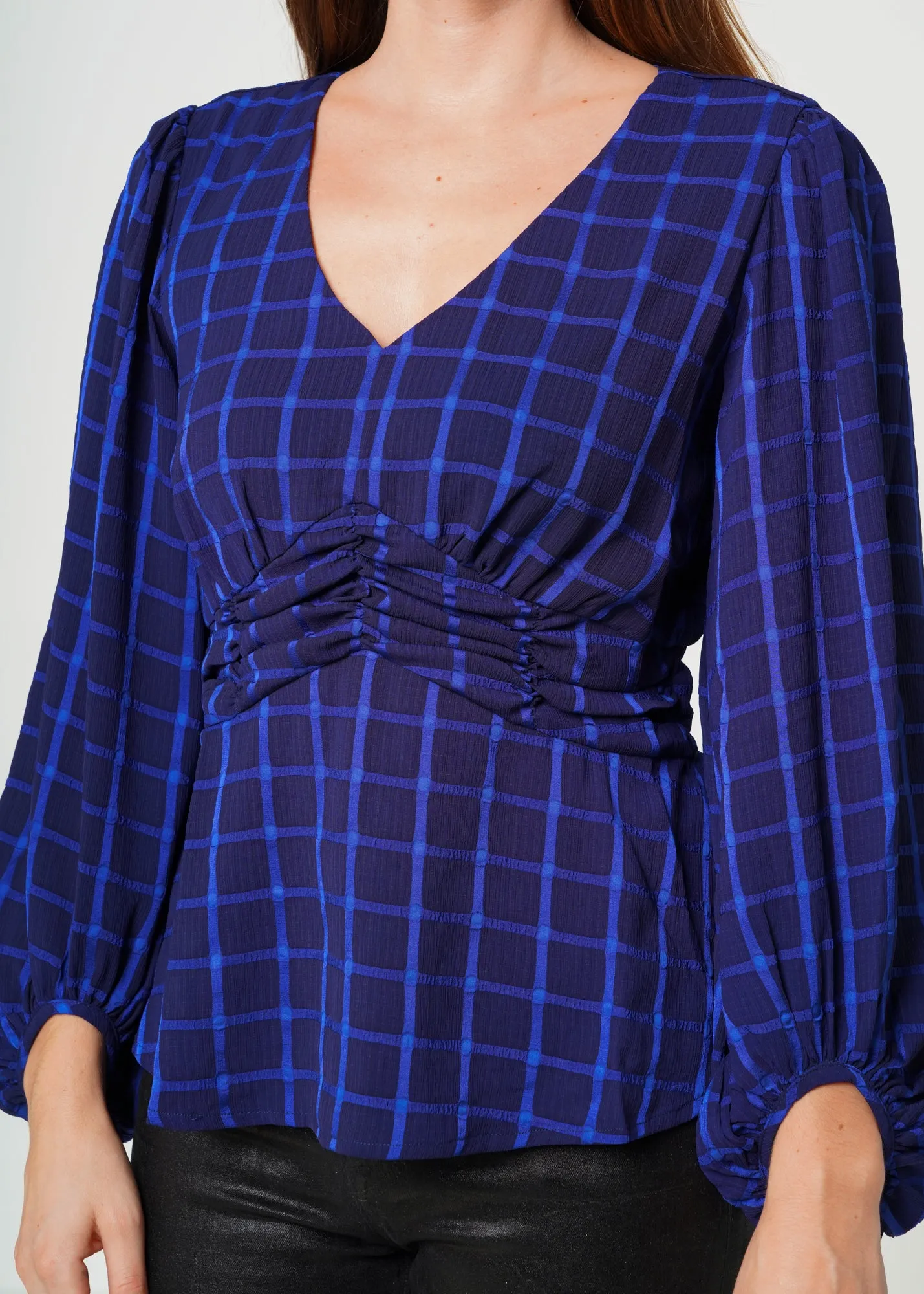 V-neck Checkered Blouse in Night Plaid